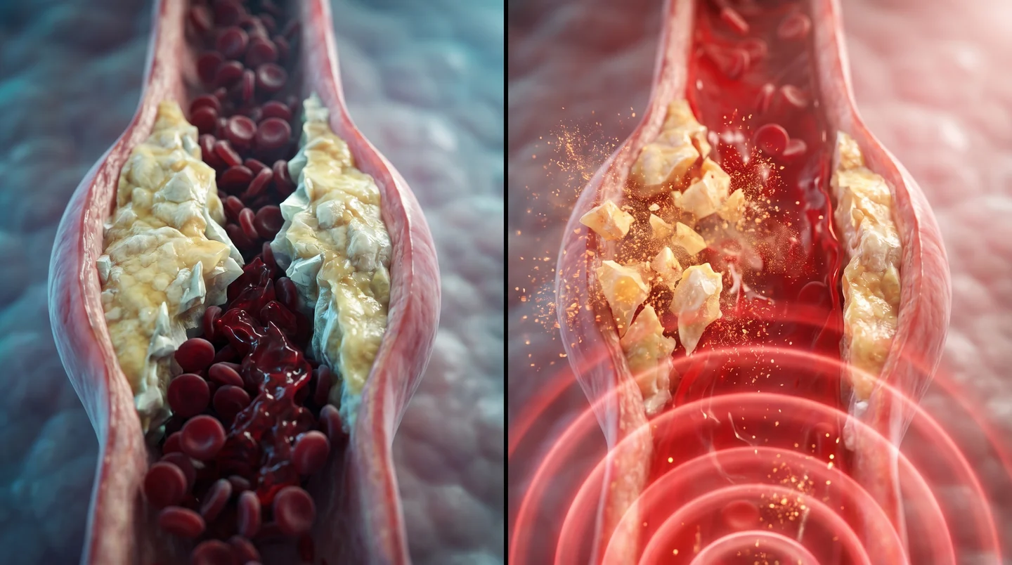 Before and after blood vessel comparison showing shockwave therapy clearing arterial plaque and restoring circulation